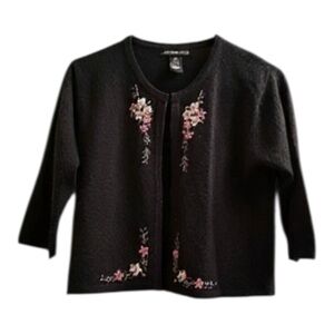 Jonathan Martin Black Cardigan Sweater Floral Embroidered Hook Closure Large
